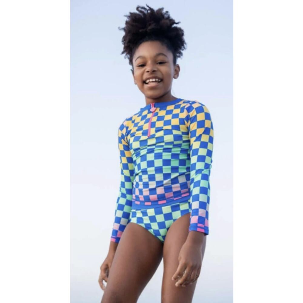 Appaman Girl's 7 Checkerboard Oceana Rash Guard Set Swim Suit Long Sleeve OS8-26